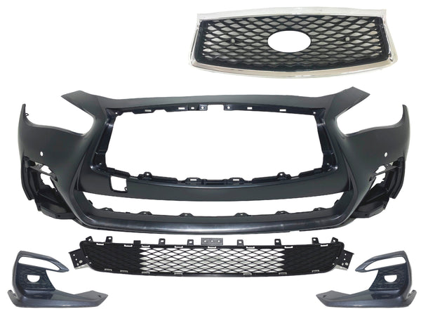 2018 2019 2020 2021 2022 2023 2024 Infiniti Q50 Q50s Sports Front Bumper Upper Grille With Camera Option Sensor Holes Lower Grille Fog Light Cover