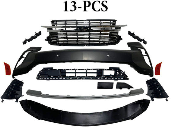 2021-2024 Chevrolet Suburban Tahoe Premier Front Bumper Cover With Upper Lower Grille Air Vents Side Reflector Bumper Bracket Chrome Molding Trim