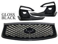 2018 2019 2020 2021 2022 2023 2024 Infiniti Q50 Front Bumper Upper Grille With Camera Option & Fog Light Covers Gloss Black