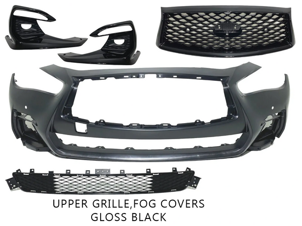 2018-2024 Infiniti Q50 Q50s Sports Front Bumper Upper Grille With Sensor Holes & Camera Option Lower Grille Fog Cover Complete Gloss Black
