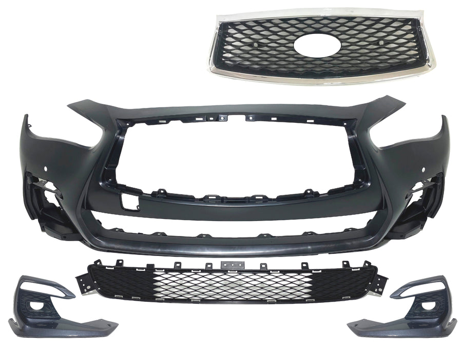 2018 2019 2020 2021 2022 2023 2024 Infiniti Q50 Q50s Sports Front Bumper Upper Grille With Camera Option Sensor Holes Lower Grille Fog Light Cover