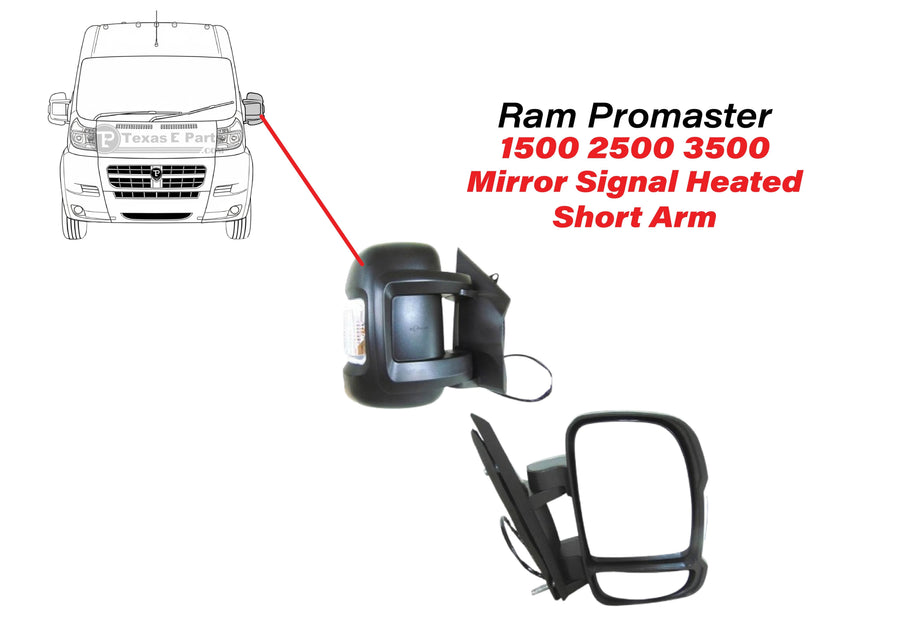 2014-2026 Ram Promaster Right Passenger Front Door Power Side Rear View Mirror Signal Heated Short Arm