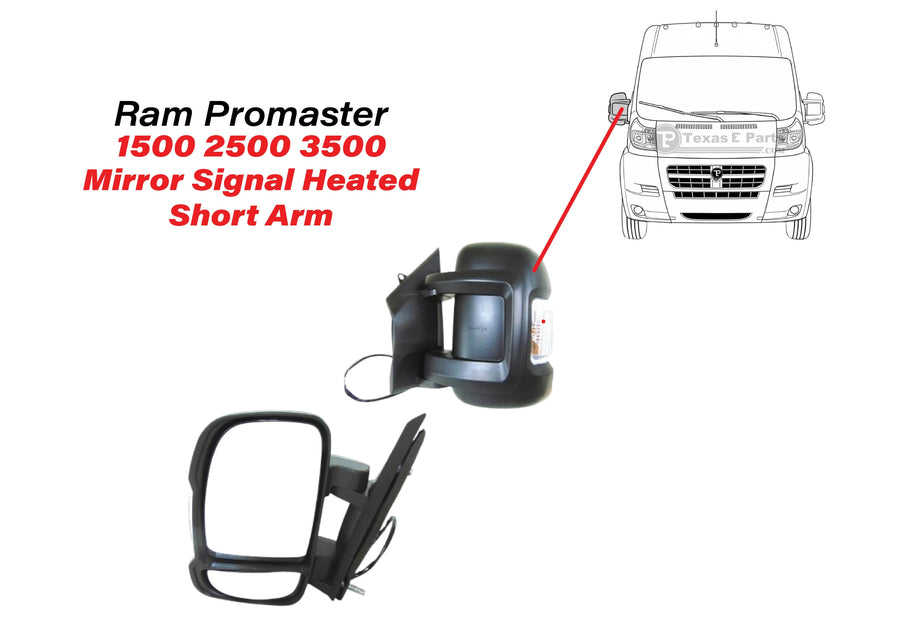 2014-2026 Ram Promaster Left Driver Front Door Power Side Rear View Mirror Signal Heated Short Arm