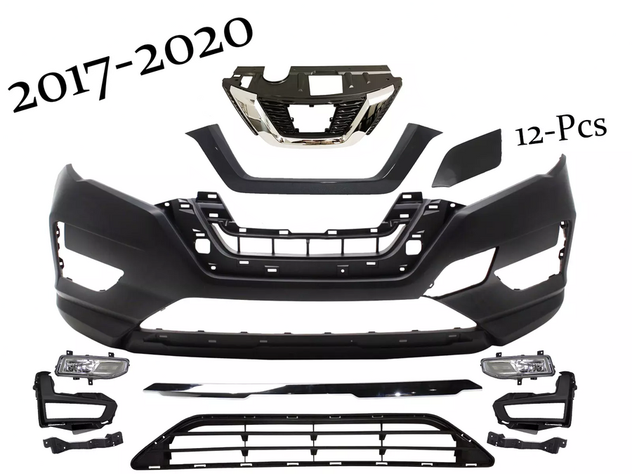2017 2018 2019 2020 Nissan Rogue Front Bumper Upper Lower Grille Fog Light Lamp Tow Cap Cover Chrome Molding Trim