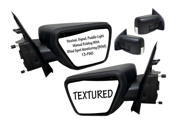 2021 2022 2023 Ford F-150 Front Door Left Right Side Rear View Mirror Heated Signal Puddle Light Manual Folding With BSM (Blind Spot Monitoring)