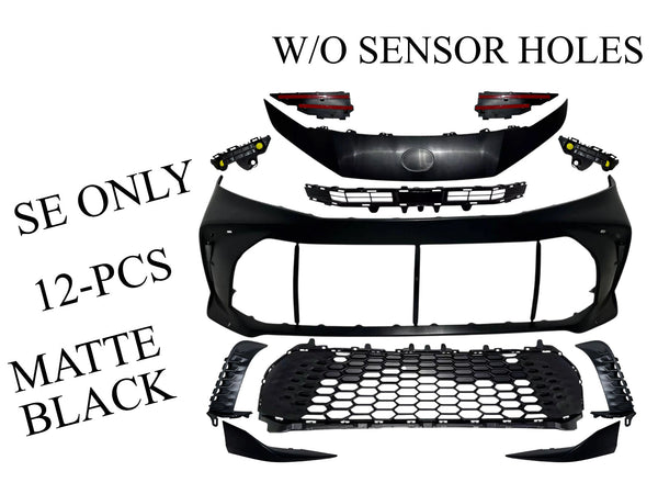 2025 Toyota Camry SE Front Bumper Cover Without Sensor Holes With Upper Lower Grille Side Molding Trim Brackets Matte Black Set