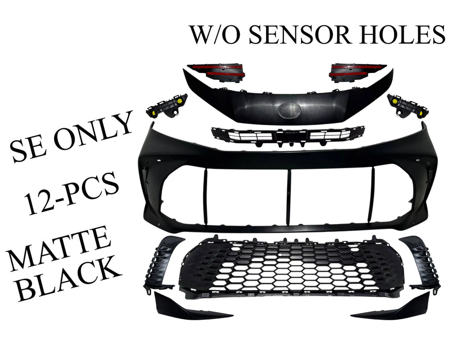 2025 Toyota Camry SE Front Bumper Cover Without Sensor Holes With Upper Lower Grille Side Molding Trim Brackets Matte Black Set