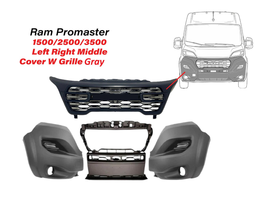 2023 2024 2025 Ram Promaster 1500 2500 3500 Front Bumper Left Right Middle Cover With Upper Grille Gray
