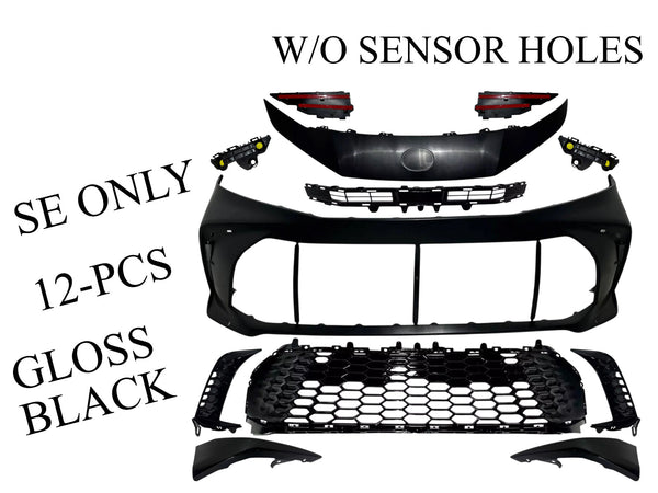 2025 Toyota Camry SE Front Bumper Cover Without Sensor Holes With Upper Lower Grille Side Molding Trim Brackets Gloss Black Set