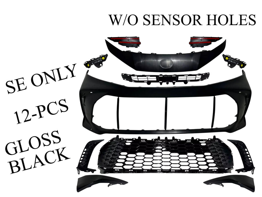 2025 Toyota Camry SE Front Bumper Cover Without Sensor Holes With Upper Lower Grille Side Molding Trim Brackets Gloss Black Set