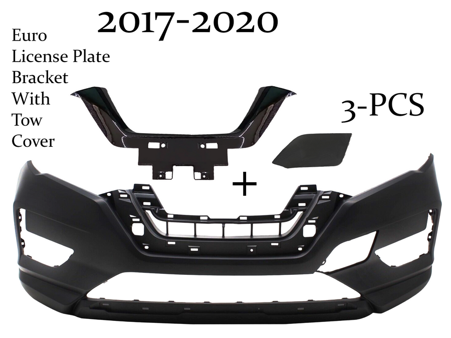 2017 2018 2019 2020 Nissan Rogue Front Bumper Cover With Euro License Plate Bracket & Tow Cap Cover