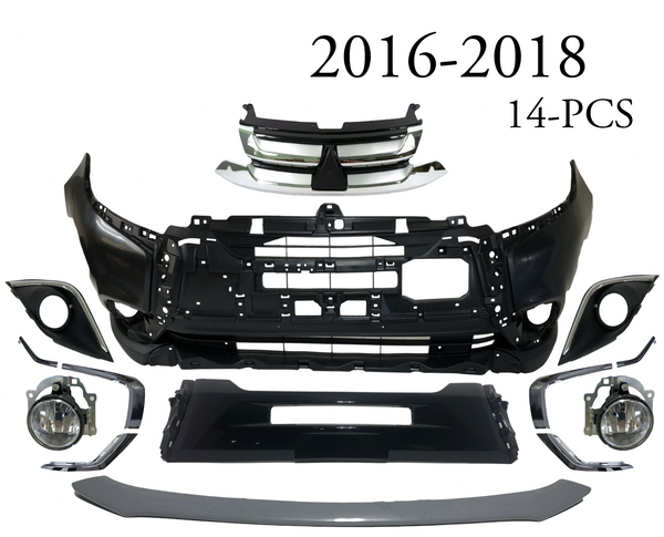 2016 2017 2018 Mitsubishi Outlander Front Bumper Cover Center Panel Upper Grille Chrome Molding Fog Lights With Covers & Lower Valance 14-PCS