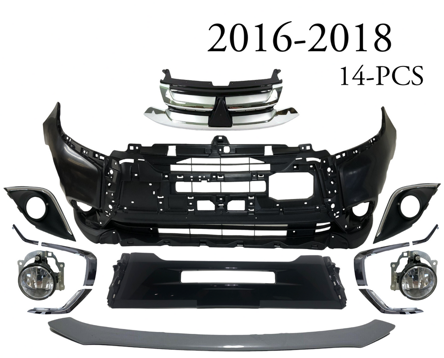 2016 2017 2018 Mitsubishi Outlander Front Bumper Cover Center Panel Upper Grille Chrome Molding Fog Lights With Covers & Lower Valance 14-PCS