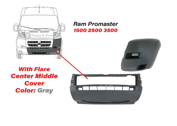 2014 2015 2016 2017 2018 Ram Promaster 1500 2500 3500 Left Front Bumper Side End Cap Cover With Flare & Center Middle Cover Gray