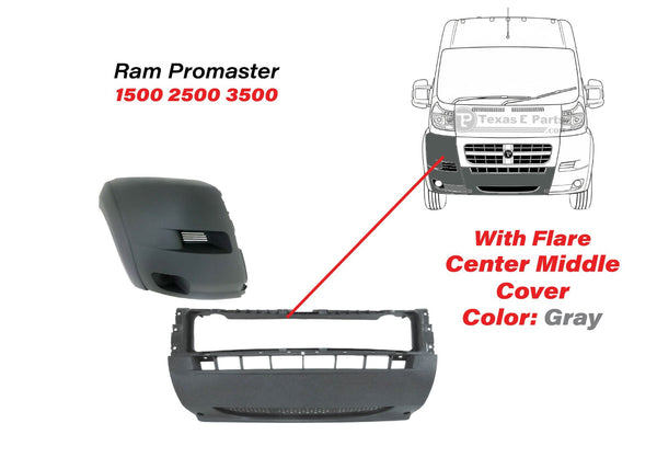 2014 2015 2016 2017 2018 Ram Promaster 1500 2500 3500 Right Front Bumper Side End Cap Cover With Flare & Center Middle Cover Gray